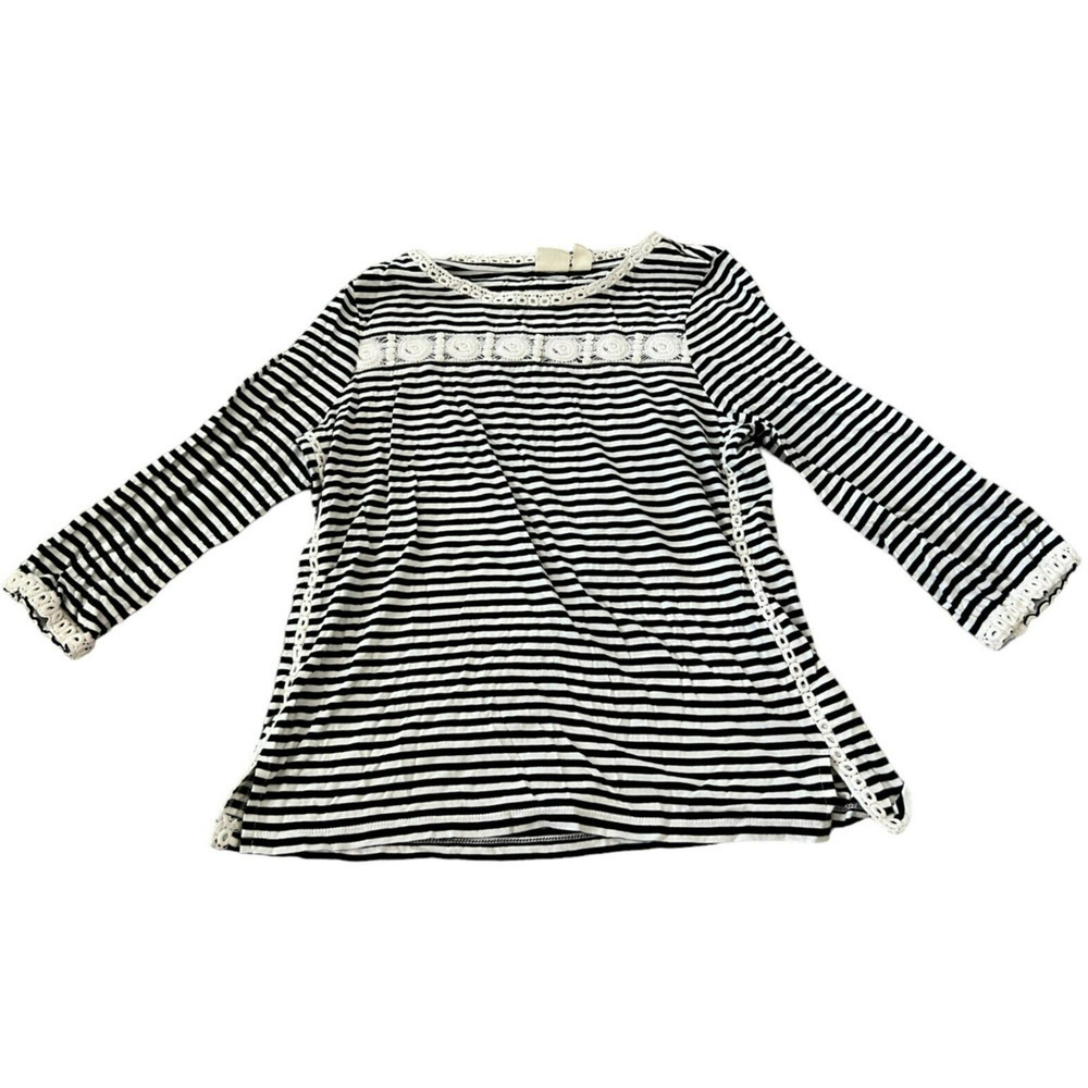 Chico's Shirt Womens Large Blouse Striped Crochet Trim 3/4 Sleeve Pullover Black